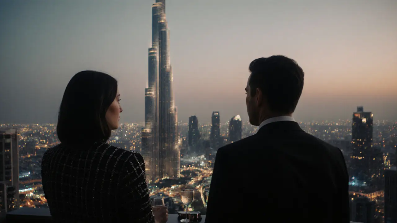 A couple on a quiet rooftop lounge in Dubai, gazing at the illuminated Burj Khalifa.