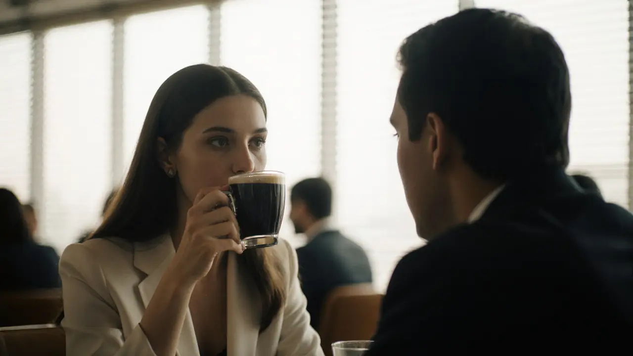 A discreet meeting between a woman and man in a Dubai coffee shop, natural light and private tone.