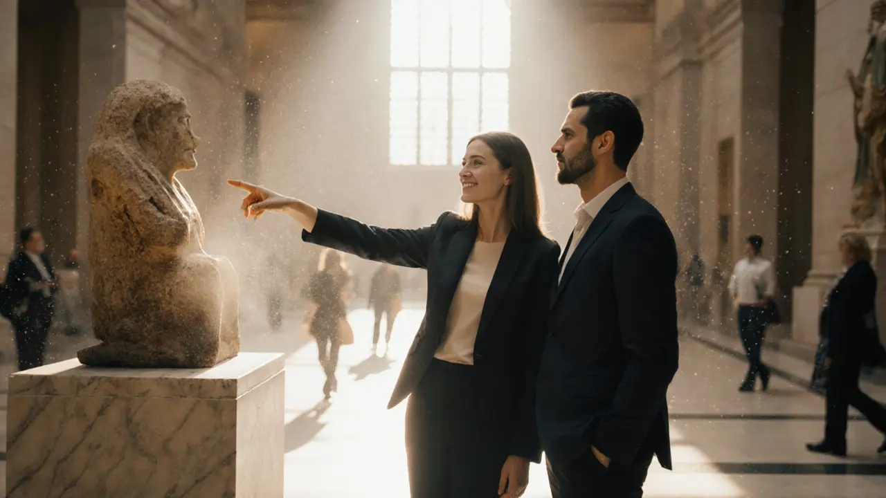 A professional companion guiding a traveler through a museum exhibit in Dubai.
