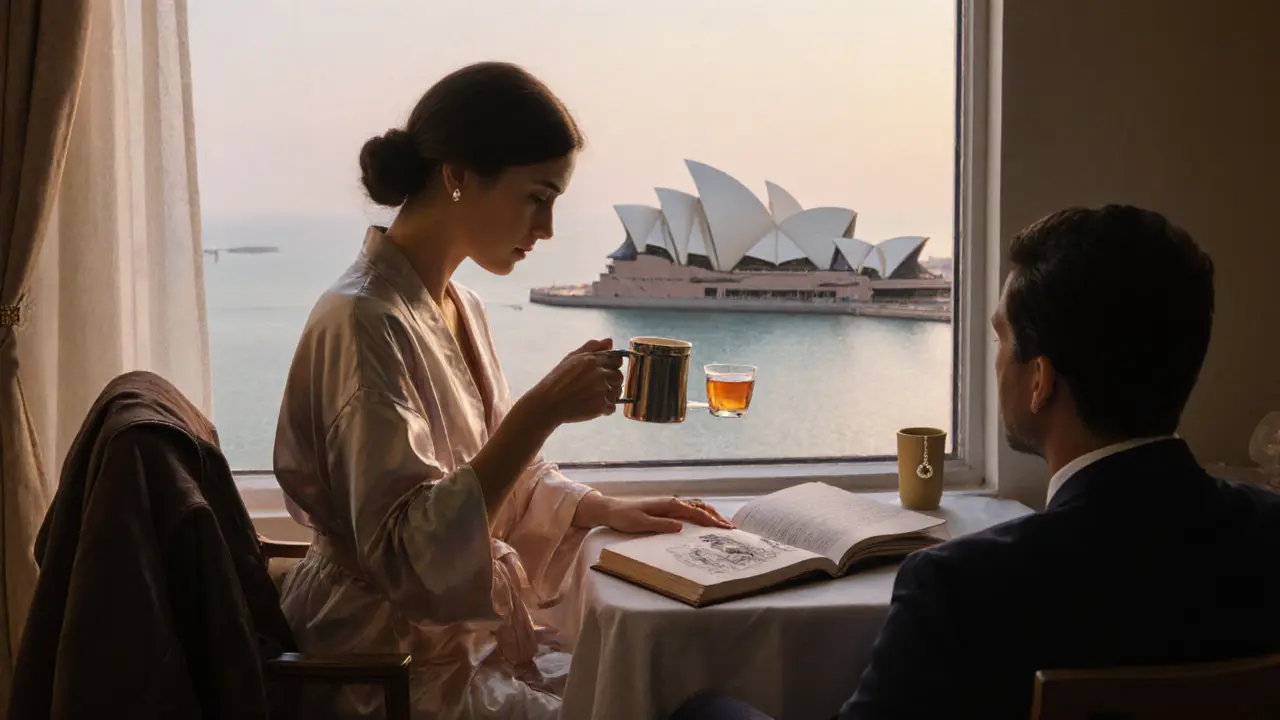 A serene penthouse interior at dawn with tea, a book, and a pearl earring on the windowsill.