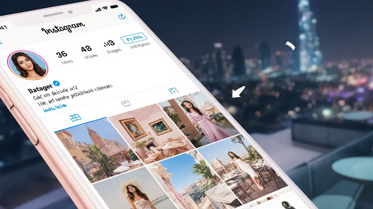 A smartphone displaying a private Instagram feed with images of Dubai cafés and rooftops, no explicit text visible.