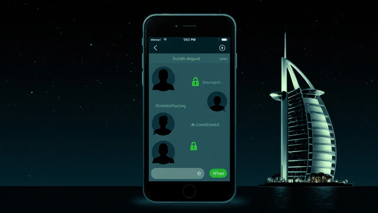 A smartphone showing an encrypted chat and blurred profile icons against a city backdrop.