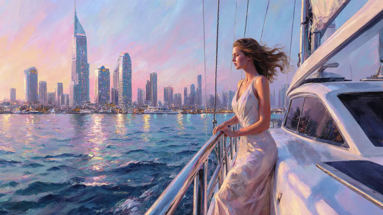 A stylish woman on a luxury yacht sailing near Dubai Marina.
