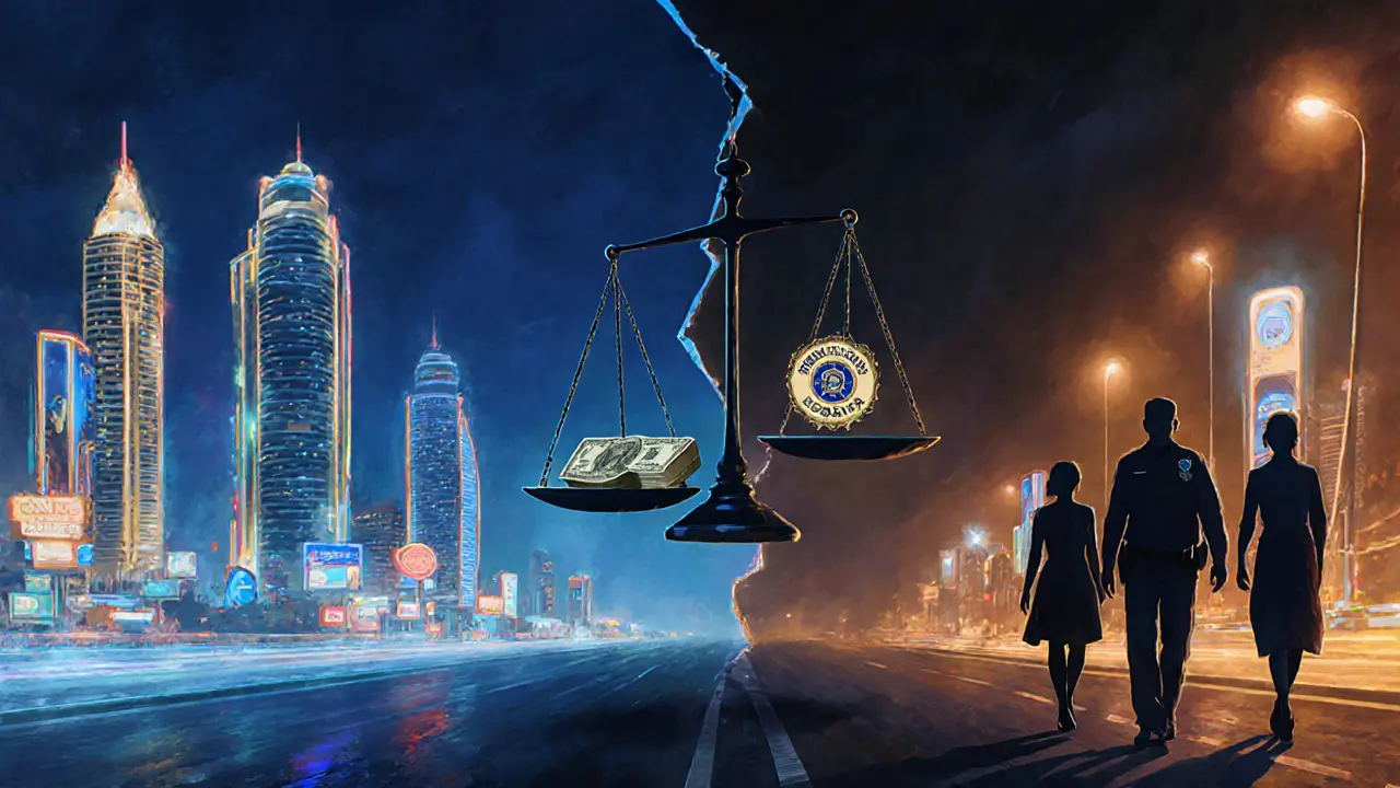 A symbolic split scene in Dubai: one side bright and luxurious, the other dark and shadowy, with a legal scale balancing cash and a police badge.
