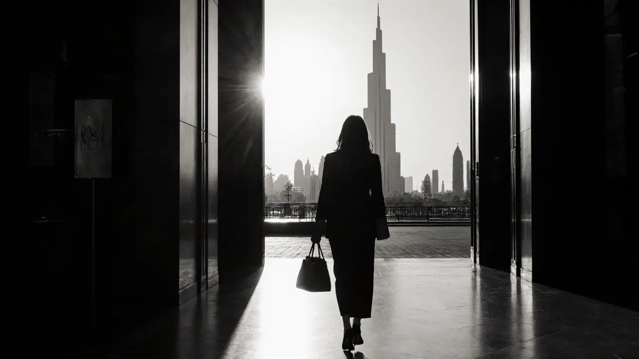 A woman walking away from a Dubai hotel at dawn, silhouette against the rising sun.