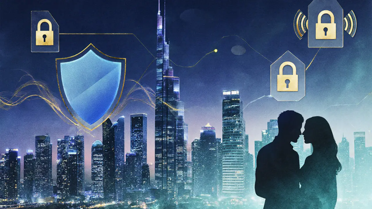 Artistic blend of Dubai skyline with security symbols and silhouettes representing discreet adult encounter.