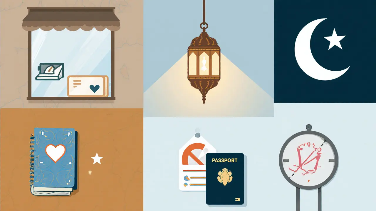 Collage of cultural and safety symbols for visitors in Dubai.
