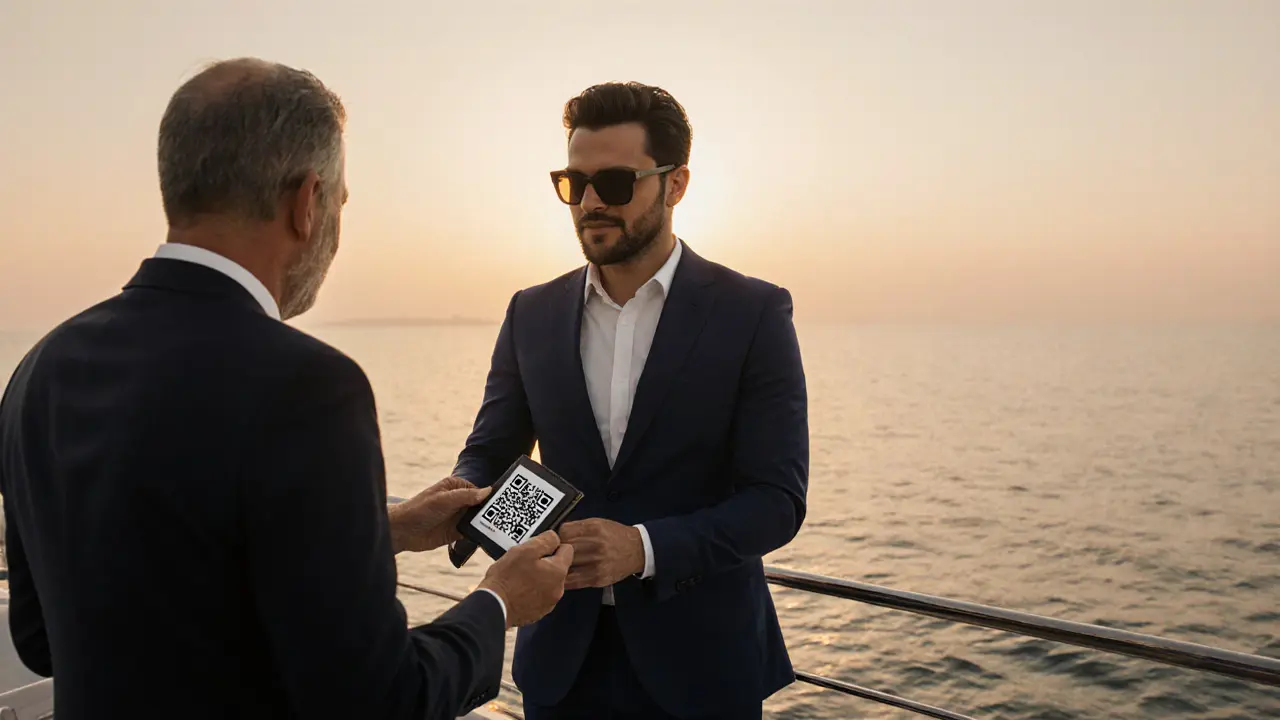 Companion and client on a yacht at sunset, exchanging a secure QR code payment.