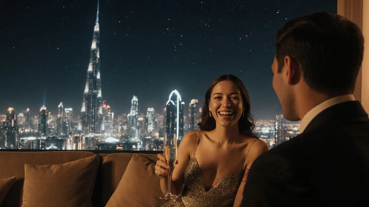 Companion and guest sharing champagne at a rooftop bar with Dubai skyline at night.