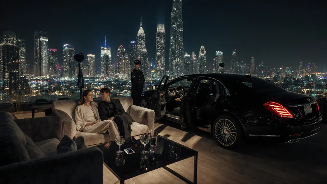 Couple in a rooftop lounge overlooking Dubai Marina, with a waiting limousine for safe departure.