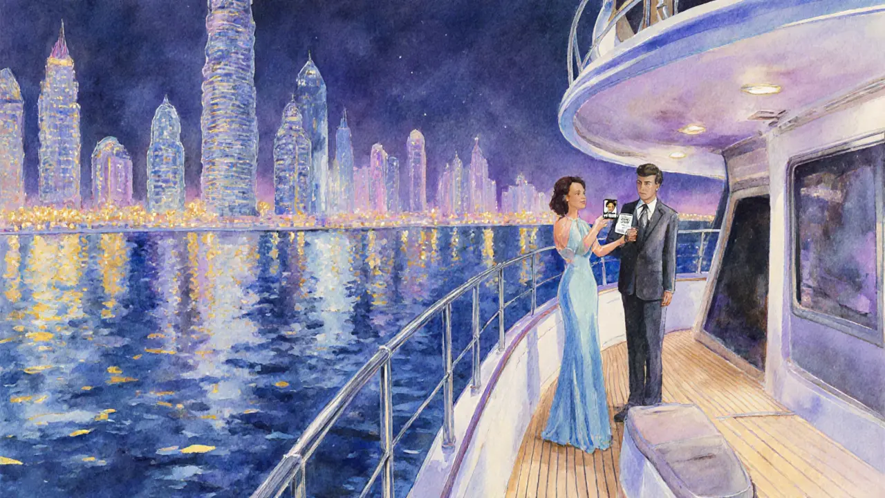 Couple on a yacht in Dubai Marina, woman showing ID, city lights reflected on water.