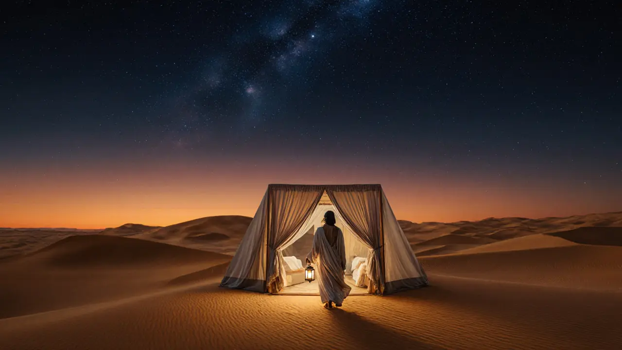 Desert dunes at sunset with a private tent and companion holding a lantern under stars.