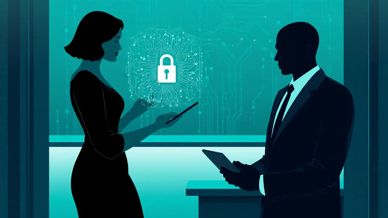 Discreet lounge scene showing escort, client, and subtle security symbols.