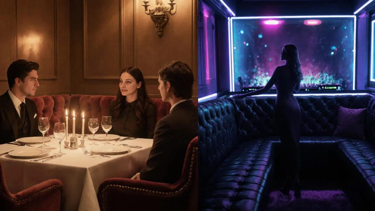 Elegant dinner table turning into a VIP nightclub booth with companion and client.