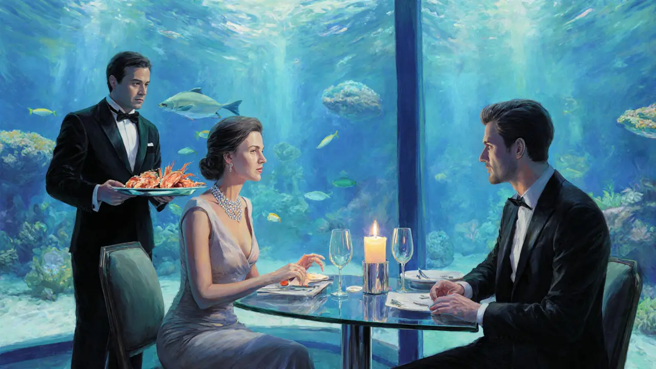 Elegant escort in a tailored dress dining at Al Mahara with a gentleman and aquarium backdrop.