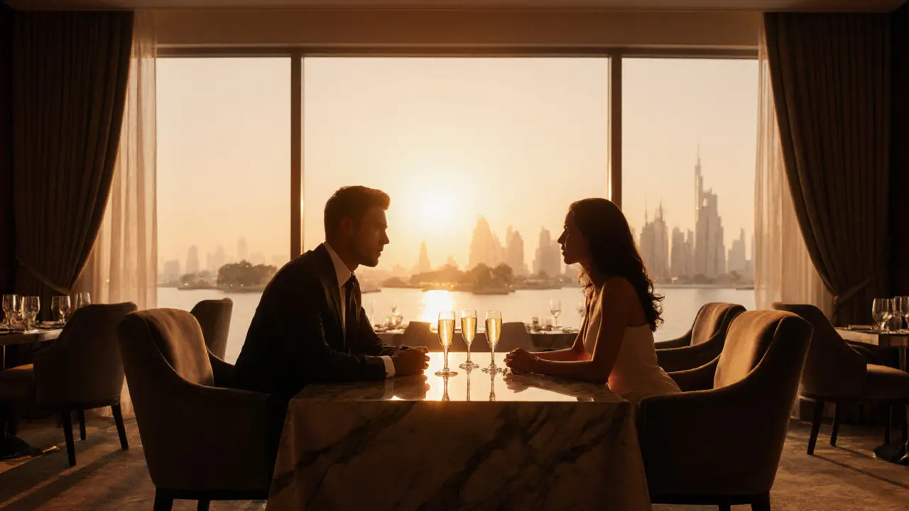 Elegant hotel lounge with champagne glasses and two sophisticated silhouettes.