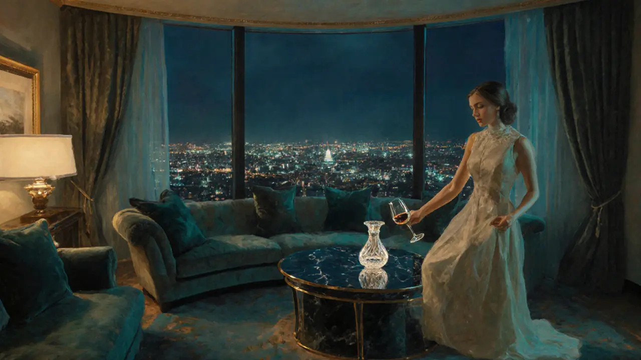 Elegant hotel suite interior with city lights, a companion pouring wine for a guest.