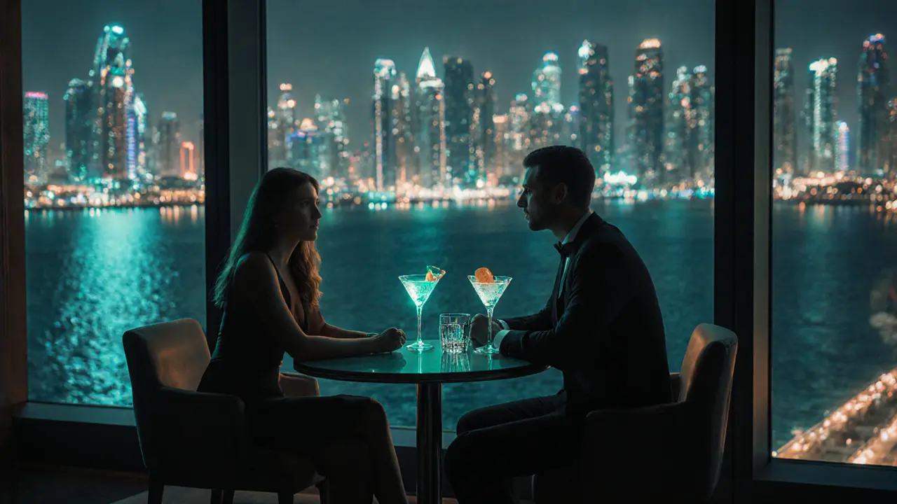 Escort and client seated at a private table in a rooftop lounge overlooking the city.