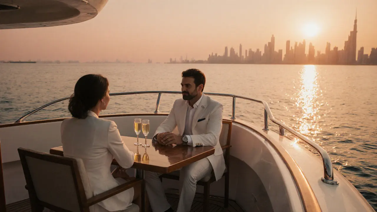 Escort and client sharing champagne on a sunset yacht near Dubai skyline.