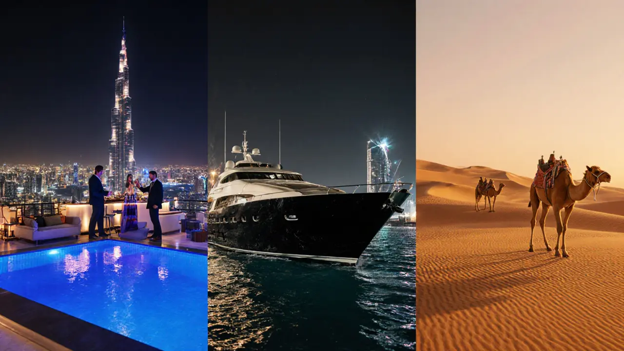 Escort and traveler experiencing a rooftop bar, yacht, and desert safari in Dubai.