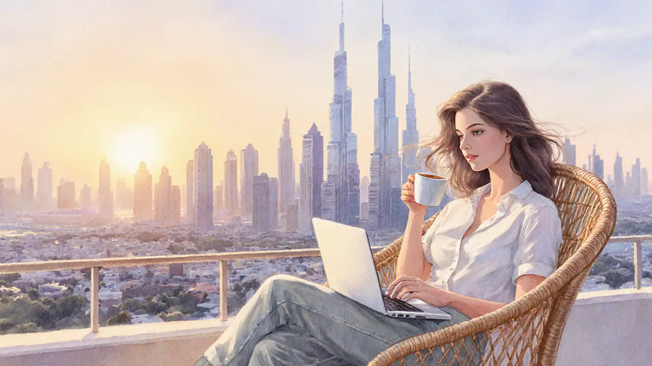 Escort relaxing on a balcony with coffee and laptop against sunrise city view.