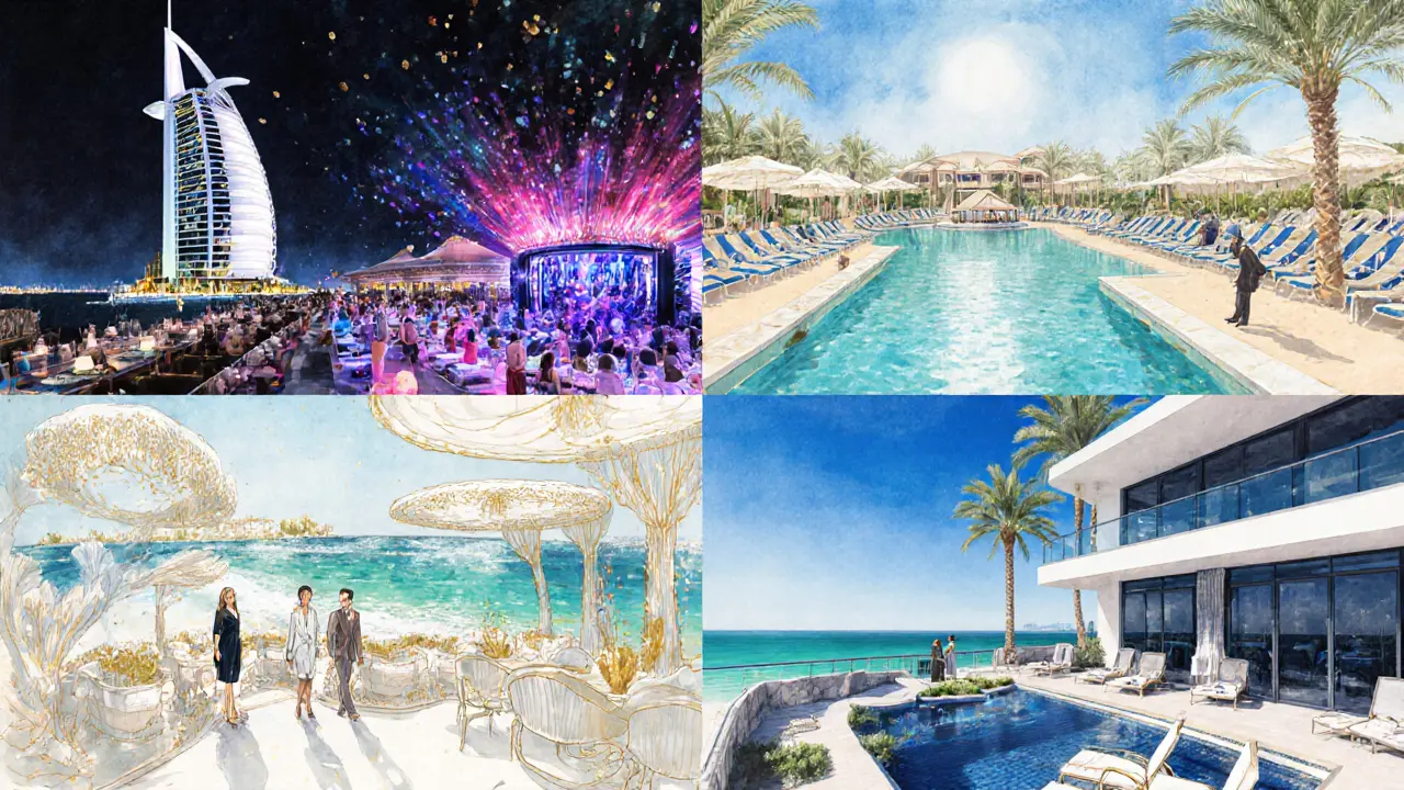 Illustrated collage of Dubai rooftop lounge, nightclub, beach club, and villa.