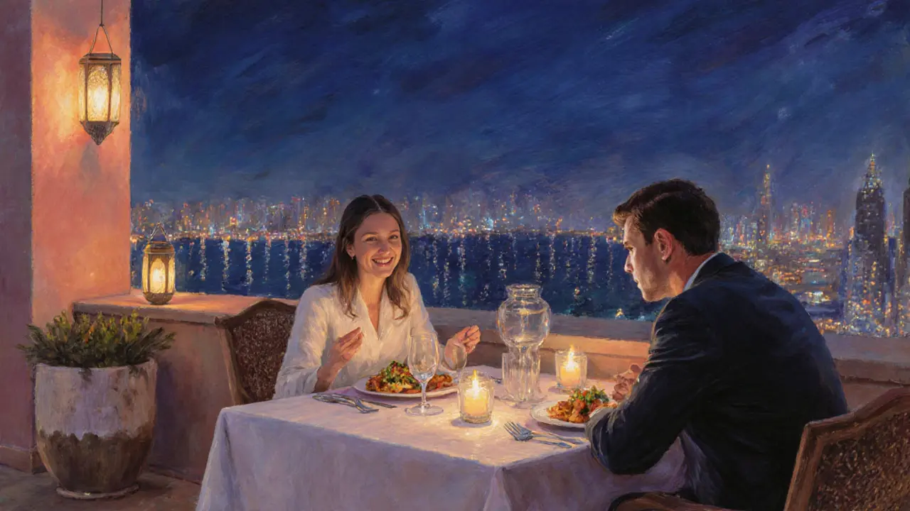 Intimate dinner on a hotel terrace with escort explaining local customs.