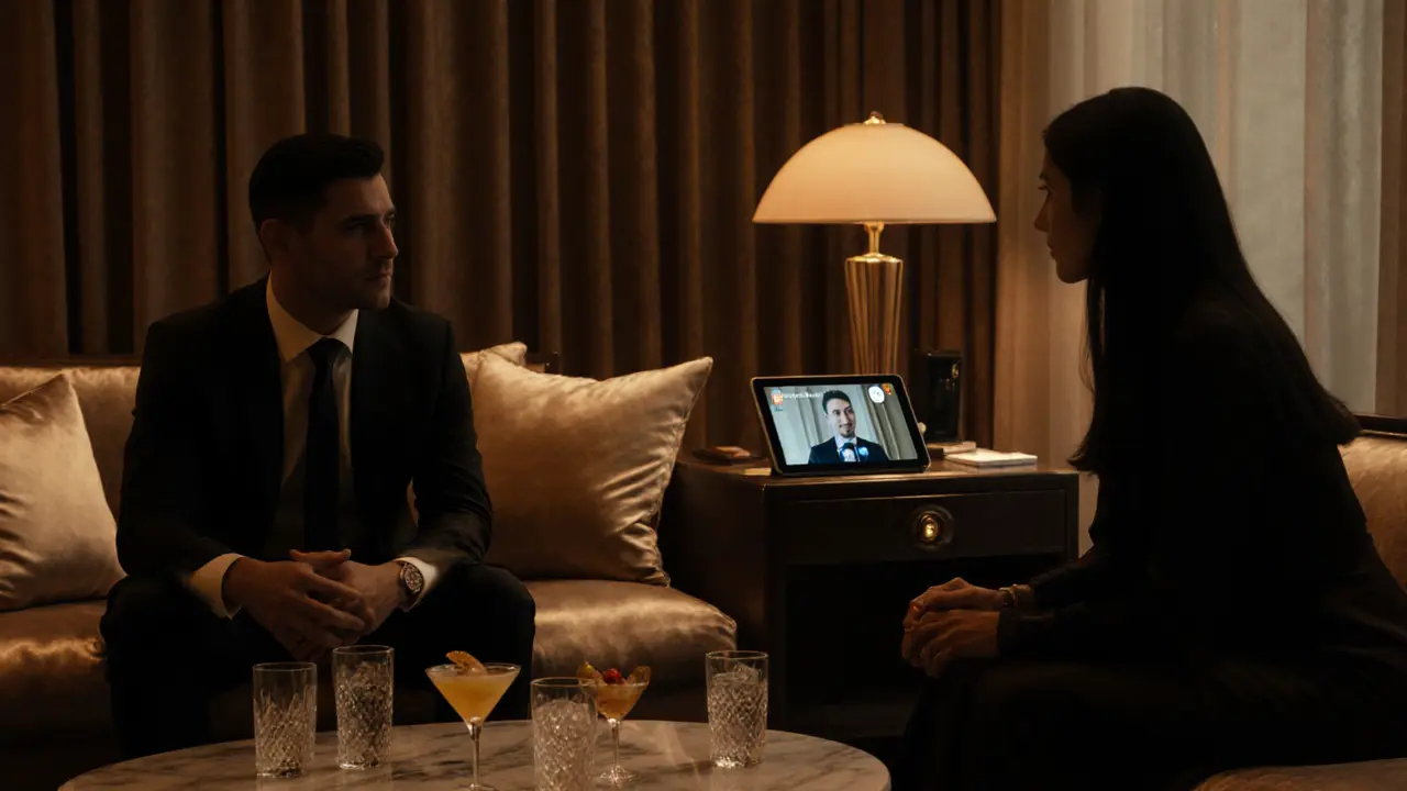 Luxurious hotel suite with dim lighting, drinks, and two subtly interacting figures.