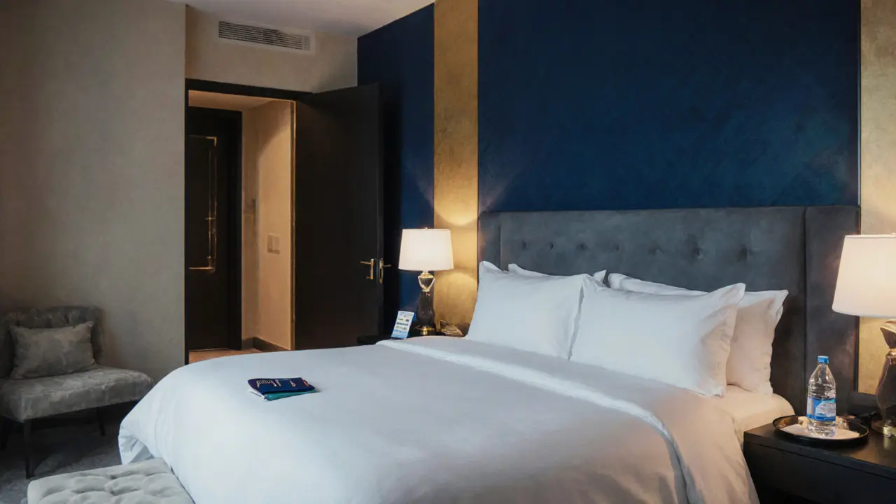 Luxury hotel room interior showing discreet health supplies and passport.