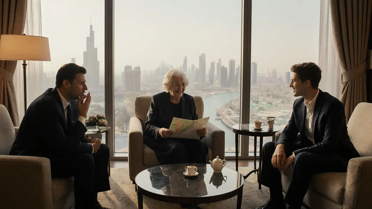 Multiple clients enjoying discreet, meaningful moments with companions in luxury hotel lobbies.