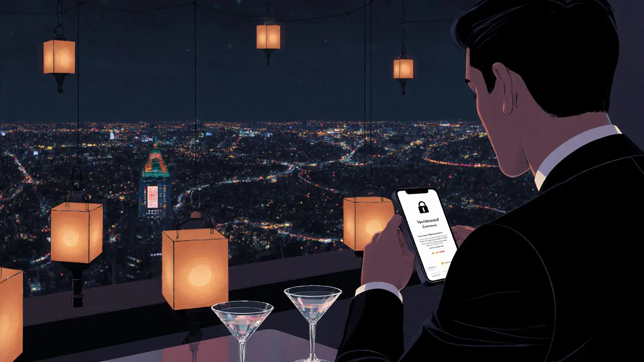 Rooftop lounge table with cocktails, companion shows verified booking on phone.