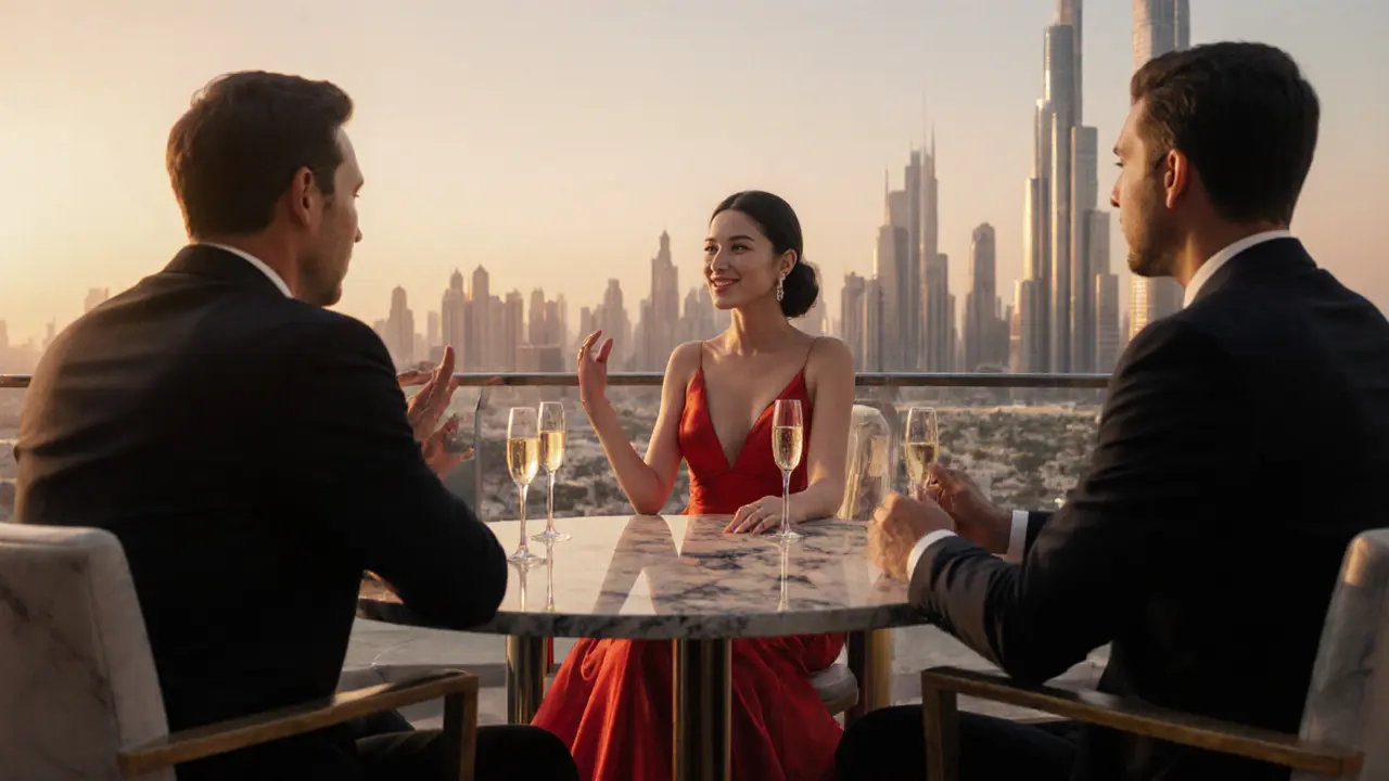 Sophisticated companion in a red gown chatting with a client at a rooftop lounge.