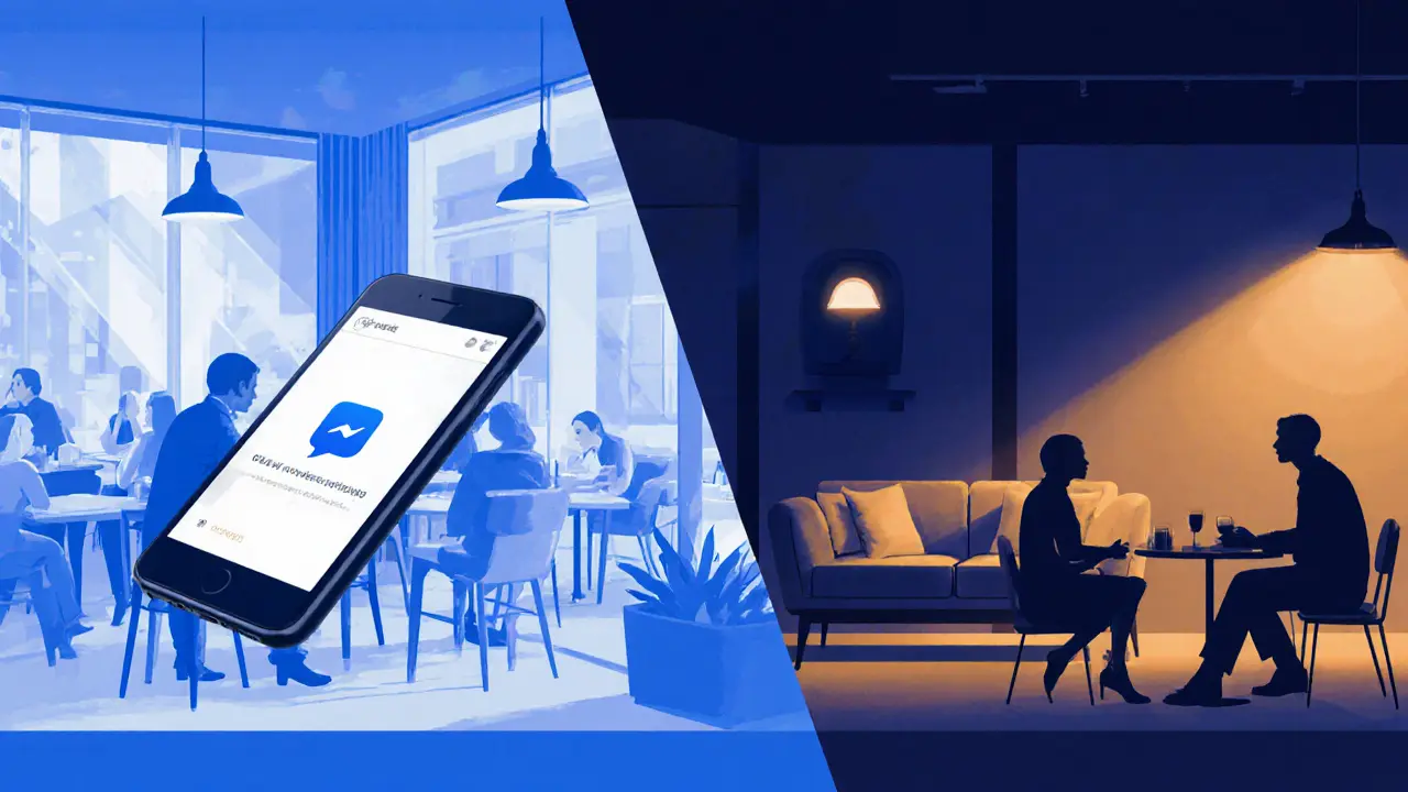 Split scene showing a discreet café meeting and a private lounge with a companion.