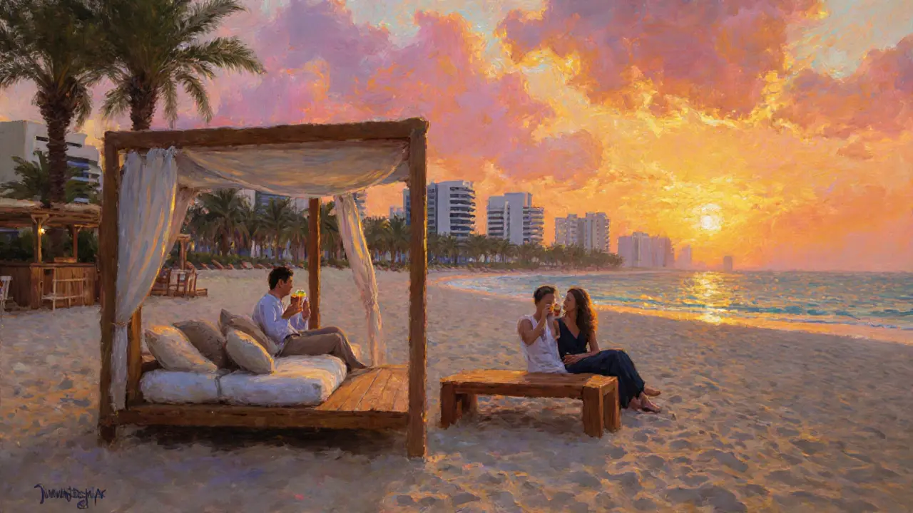 Sunset beach club at JBR with a private cabana and a couple enjoying drinks.
