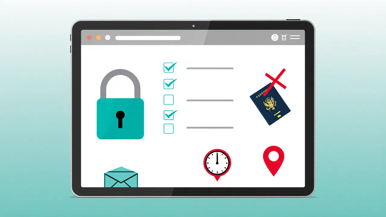 Tablet screen displaying safety icons: lock, crossed passport, location pin, cash.