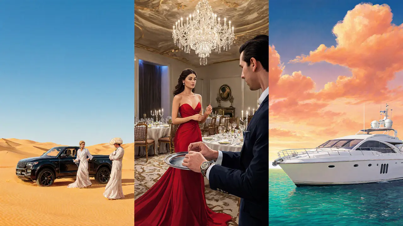 Three elite service settings: desert safari, yacht, and gala dinner with polished companions.