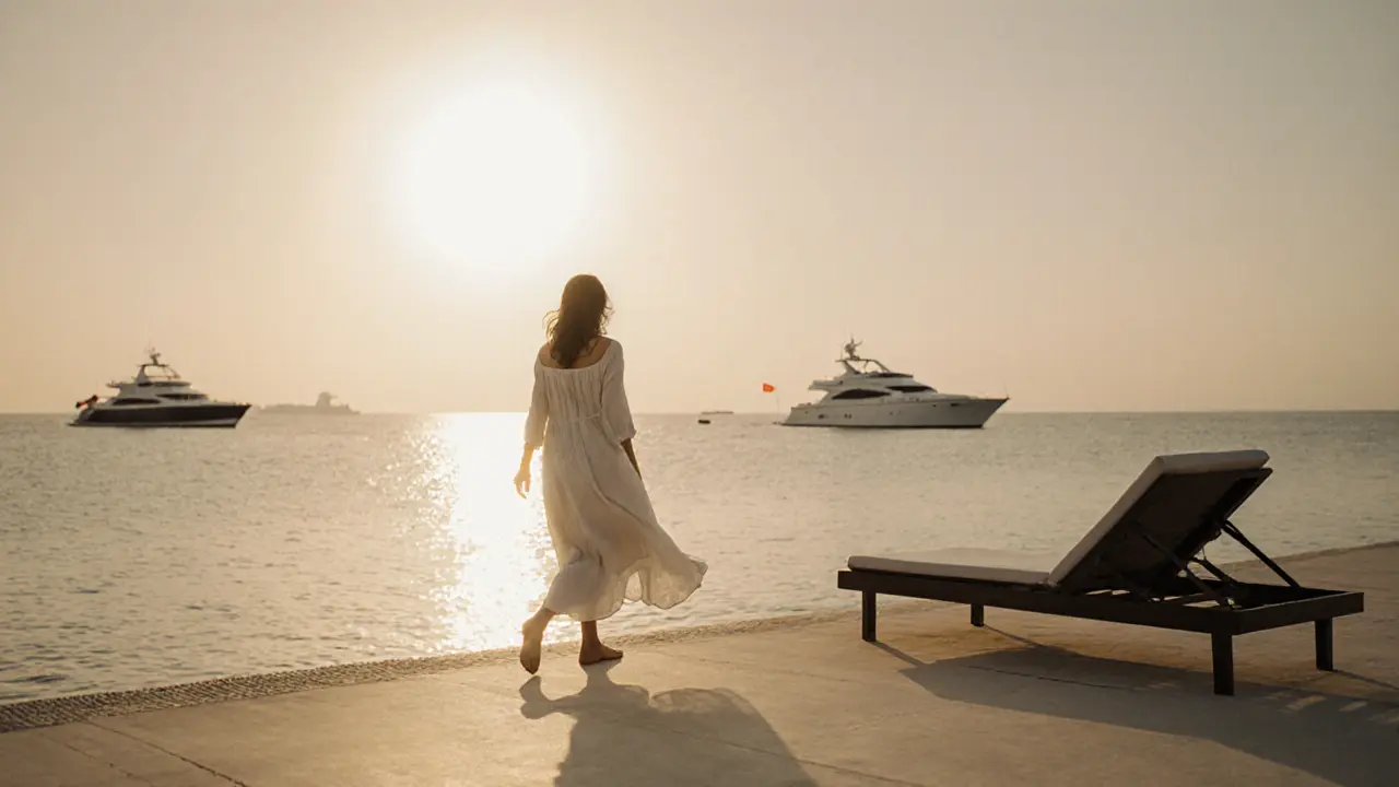 Woman walking barefoot along a private beach at sunset in Dubai, serene and exclusive atmosphere.