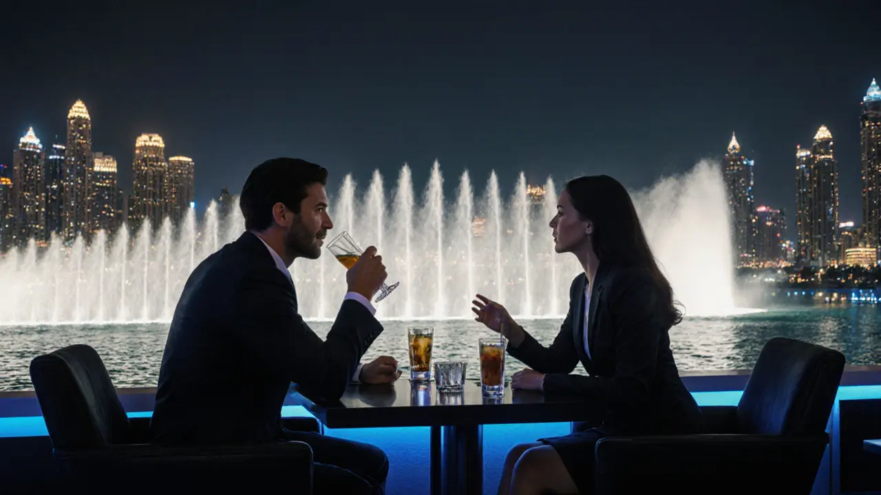 A business traveler and escort enjoying drinks at a rooftop bar with the Dubai Fountain lighting up behind them.
