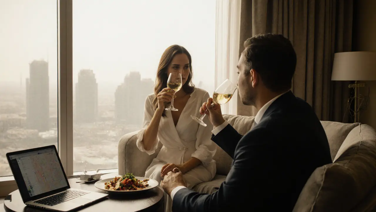 A client and companion sharing wine in a luxury hotel suite, calm and respectful, no physical intimacy, natural light streaming through windows.