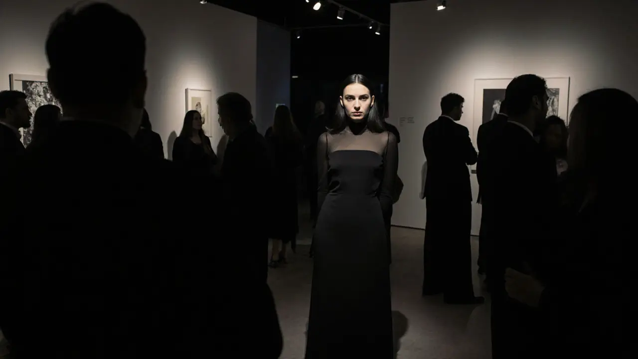 A confident woman in black at an art gallery opening in Dubai, softly lit against a dark background.