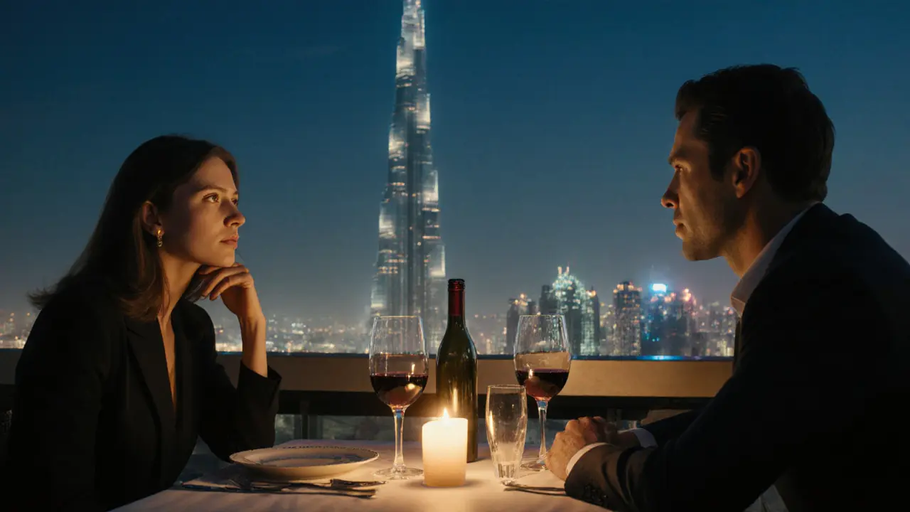 A couple dining quietly on a rooftop in Dubai, with the Burj Khalifa glowing in the background under soft candlelight.