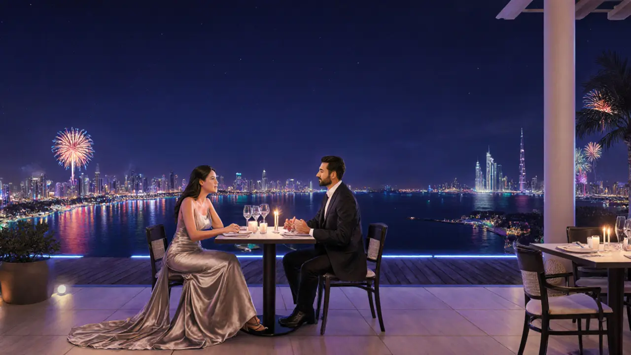A couple enjoying a quiet dinner on a rooftop lounge in Palm Jumeirah with city lights and fireworks in the background.