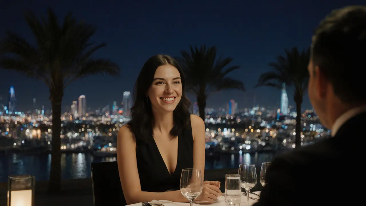 A couple enjoying an evening at a rooftop restaurant with Dubai Marina lights in the background.