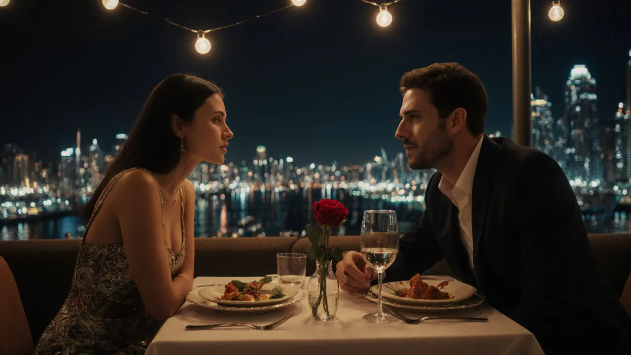 A couple enjoying an intimate rooftop dinner in Dubai Marina under string lights, engaged in thoughtful dialogue.