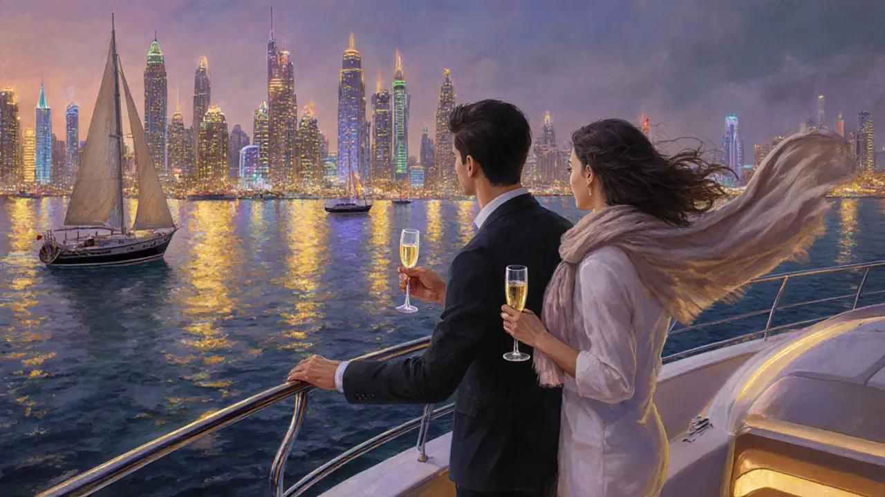 A couple on a luxury yacht at dusk, watching Dubai’s skyline light up over the marina.