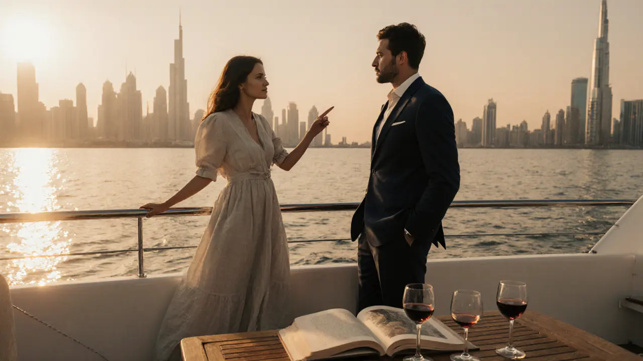 A couple on a private yacht at sunset, gazing at Dubai’s skyline with calm companionship.