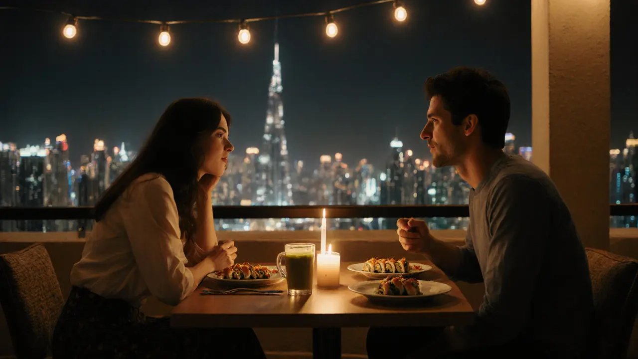A couple shares a quiet dinner on a rooftop lounge in Dubai, overlooking the city skyline at night.