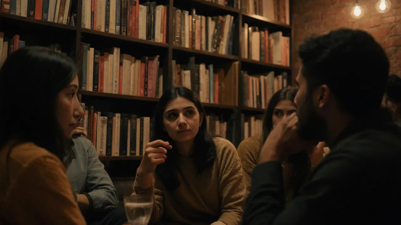 A diverse group of expats engaged in quiet conversation at a book club in Alserkal Avenue.