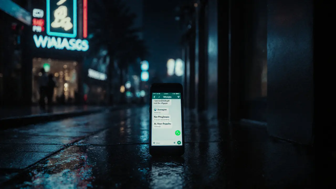 A glowing smartphone in a dark Dubai alley displays a discreet WhatsApp message.