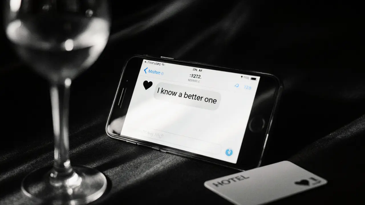 A glowing smartphone screen showing a coded text message beside a wine glass and hotel keycard in darkness.